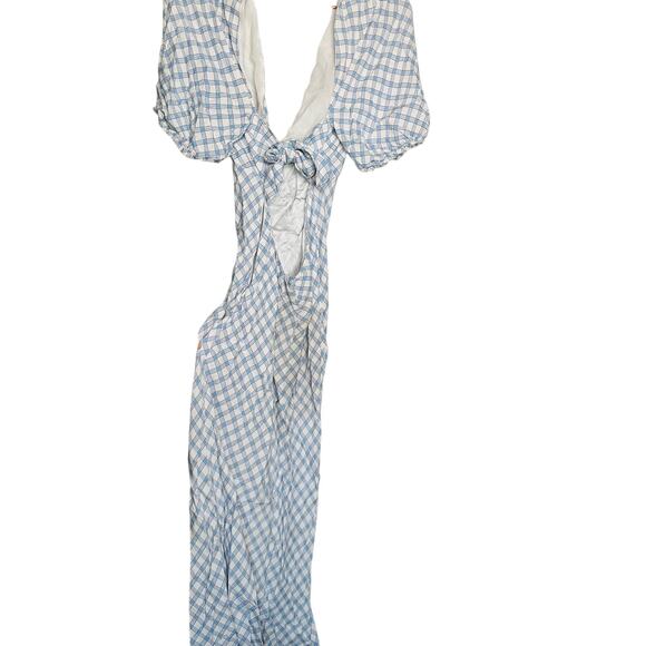 RIXO Blue White Checkered Steph Crepe Tie Back Puff Sleeves Midi Dress Size 10 - Picture 5 of 13